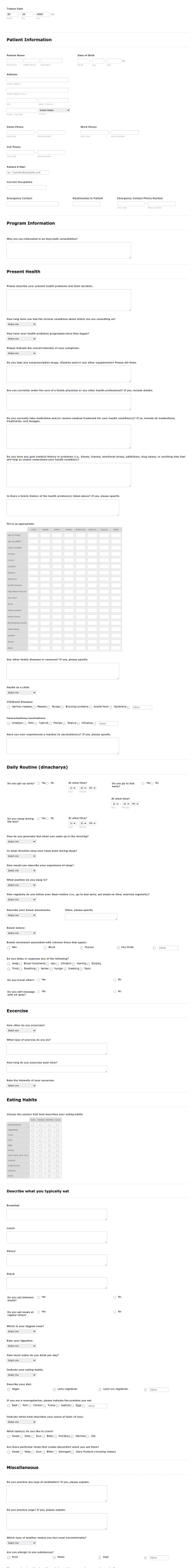 Patient Extensive Intake Form Template