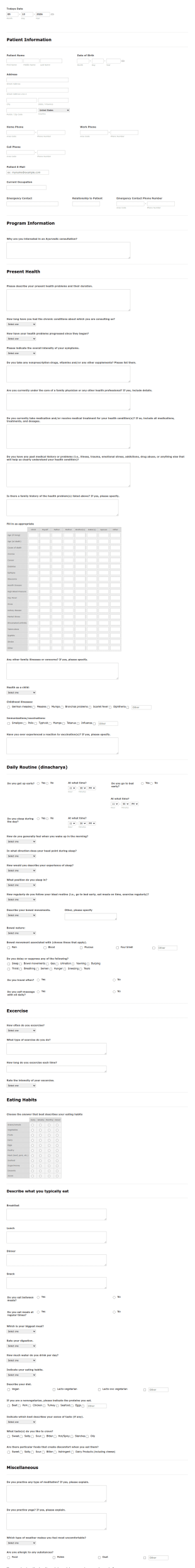 Patient Extensive Intake Form Template
