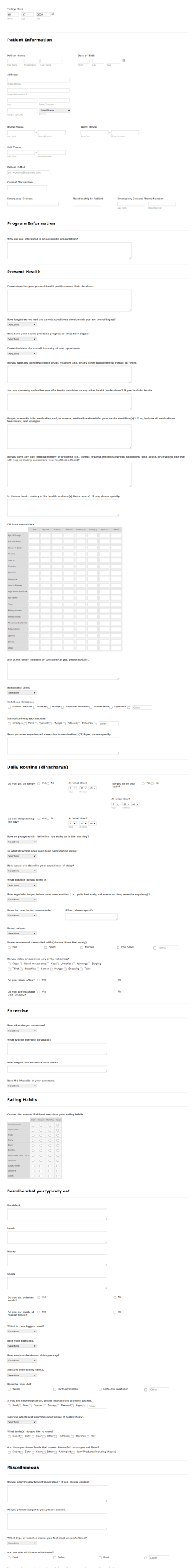 Patient Extensive Intake Form Template