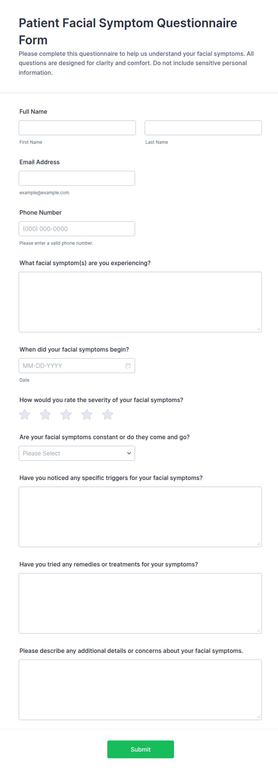 Patient Facial Symptom Questionnaire Form Template | Jotform