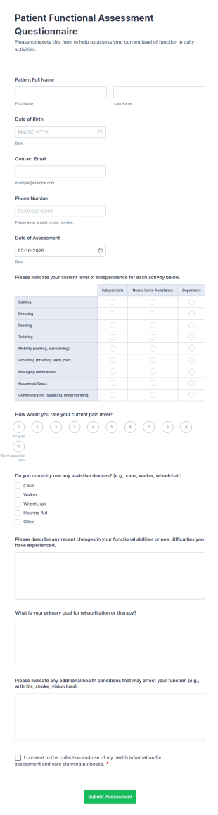 Patient Functional Assessment Questionnaire Form Template