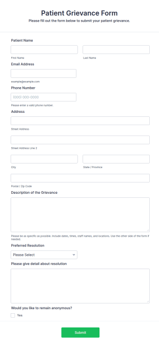 Patient Grievance Form Template