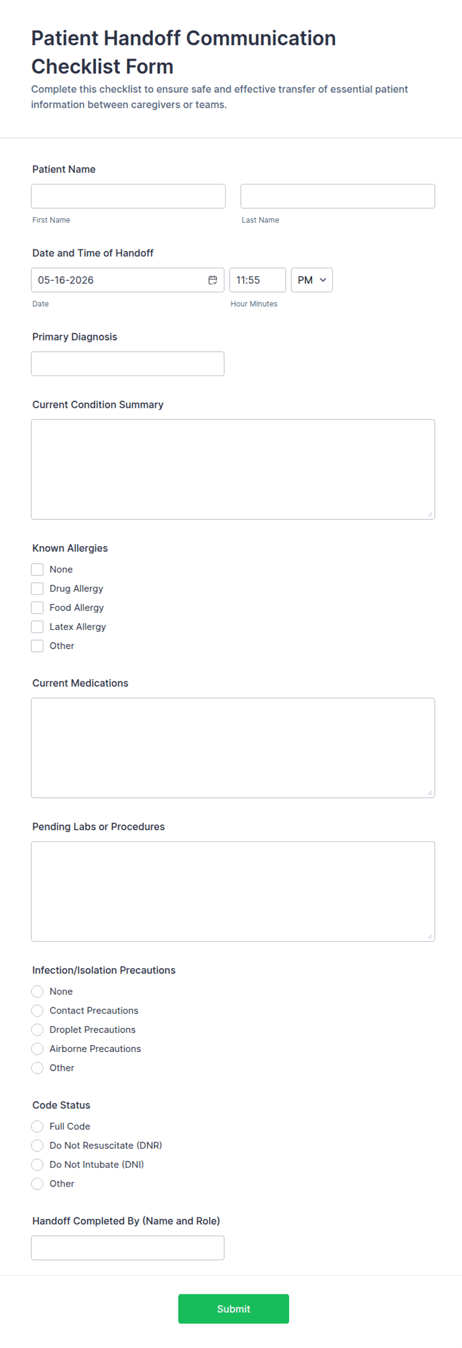 Dmist Form Patient Handoff Communication Checklist Form Template | Jotform