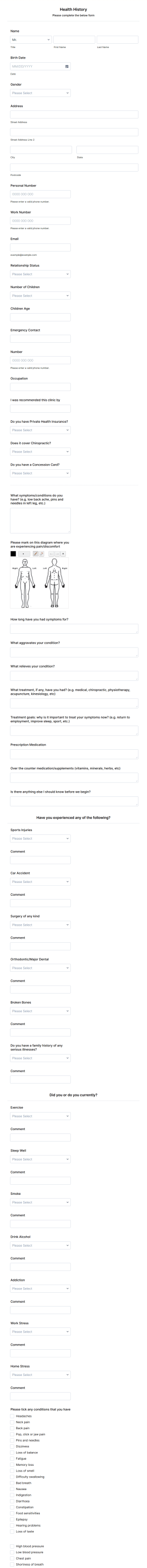 Patient Health History Form Template