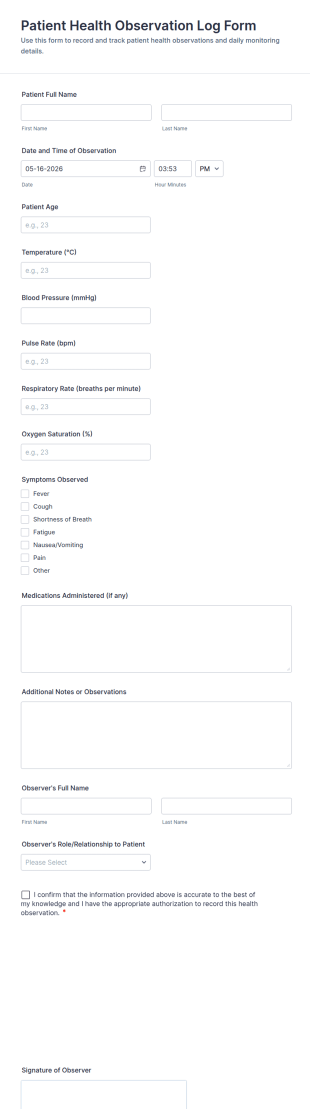 Patient Health Observation Log Form Template