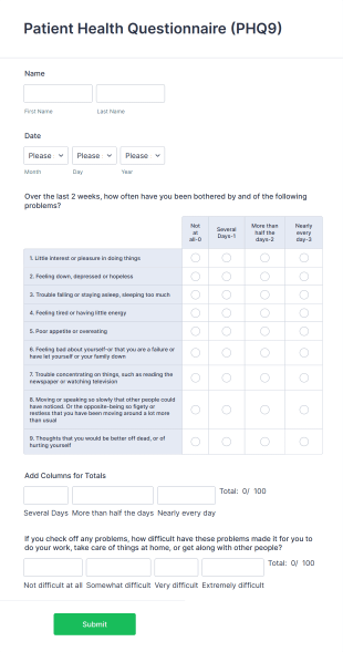 Patient Health Questionnaire PHQ9 Form Template