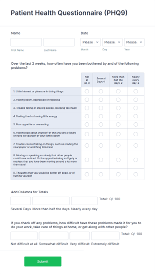 Patient Health Questionnaire PHQ9 Form Template