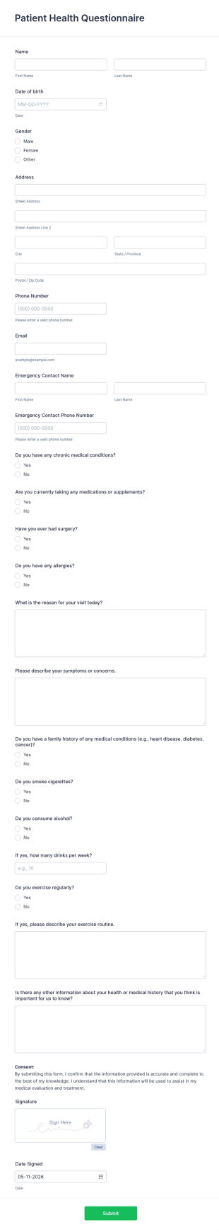 Patient Health Questionnaire Form Template