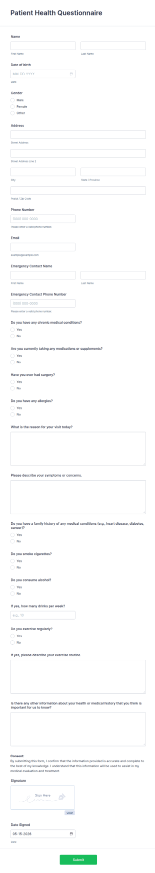 Patient Health Questionnaire Form Template
