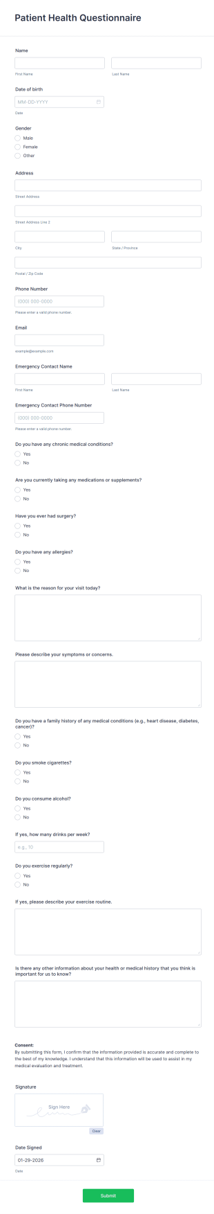Patient Health Questionnaire Form Template