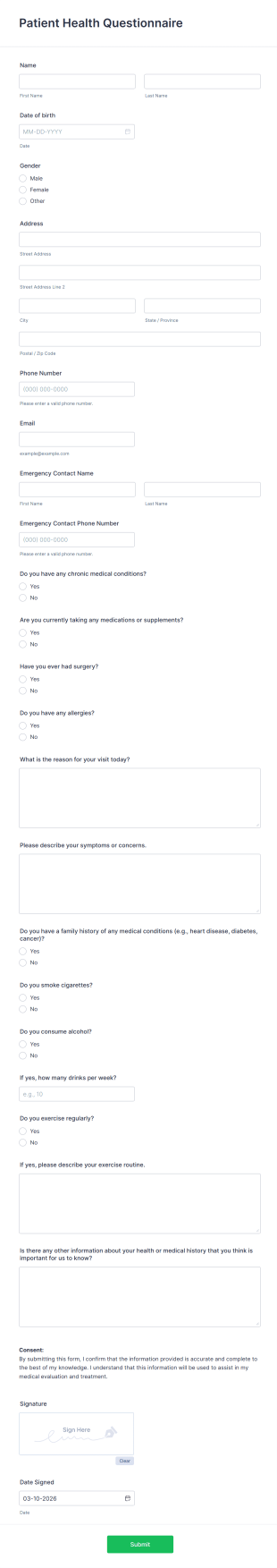 Patient Health Questionnaire Form Template