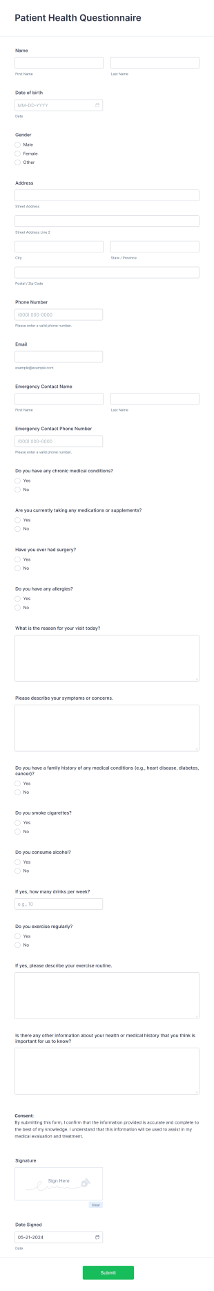 Patient Health Questionnaire Form Template