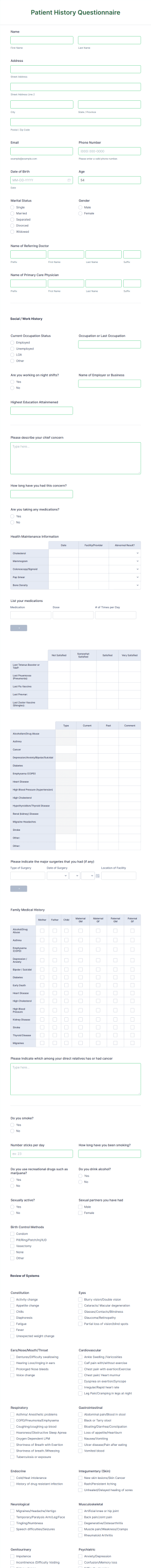 Patient History Questionnaire Form Template