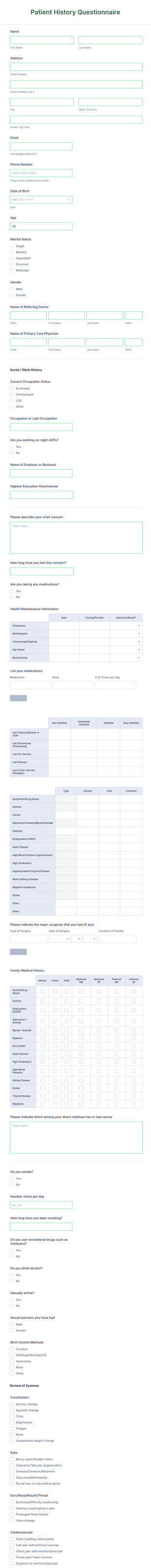 Patient History Questionnaire Form Template