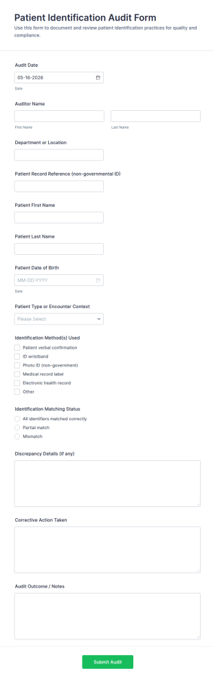 Patient Identification Audit Form Template