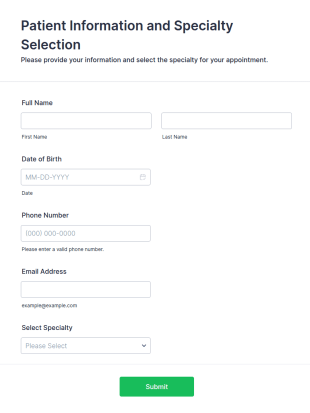 Patient Information And Specialty Selection Form Template