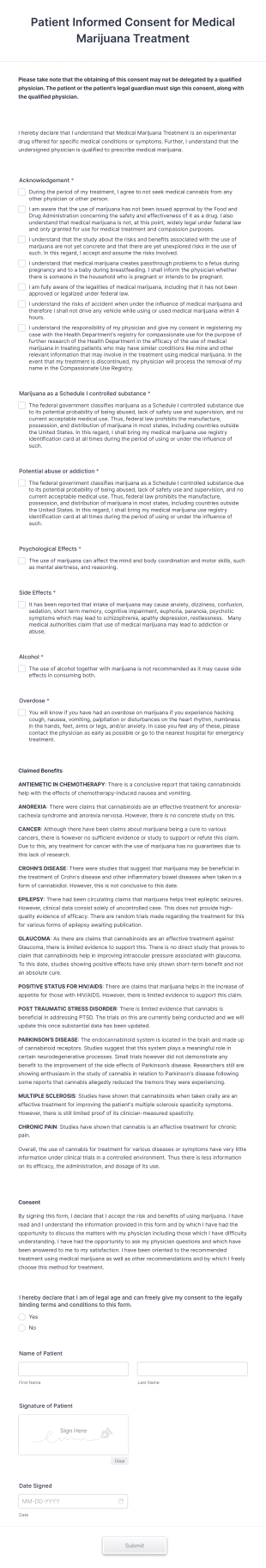 Patient Informed Consent For Medical Marijuana Treatment Form Template