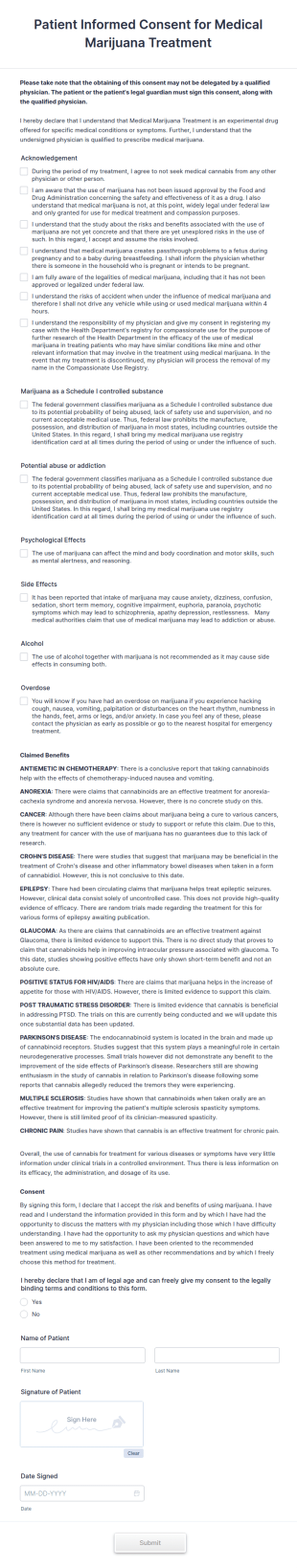 Patient Informed Consent For Medical Marijuana Treatment Form Template