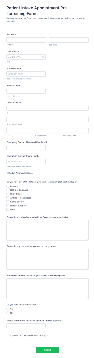 Patient Intake Appointment Pre Screening Form Template