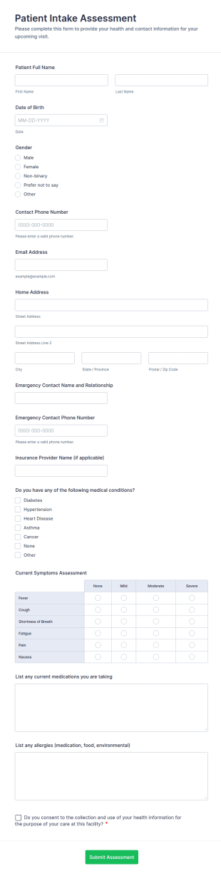 Patient Intake Assessment Form Template