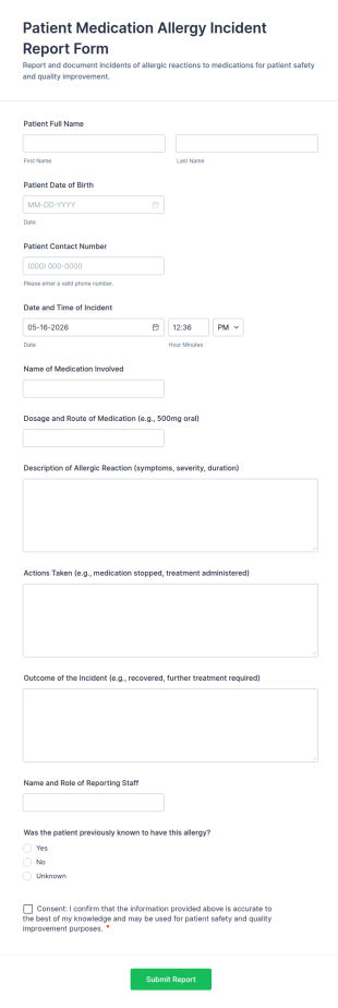 Patient Medication Allergy Incident Report Form Template