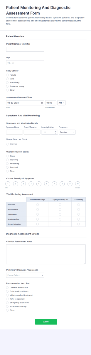 Patient Monitoring And Diagnostic Assessment Form Template