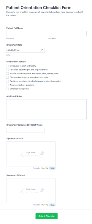 Patient Orientation Checklist Form Template