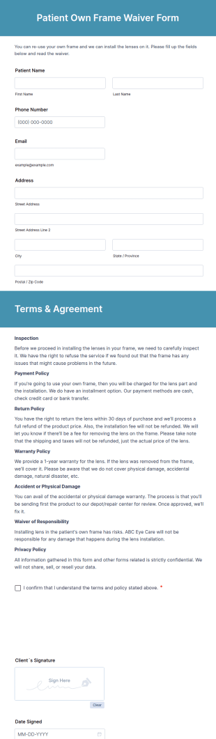 Patient Own Frame Waiver Form Template