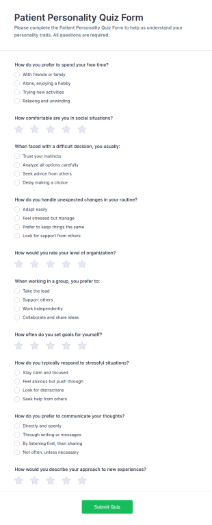 Patient Personality Quiz Form Template