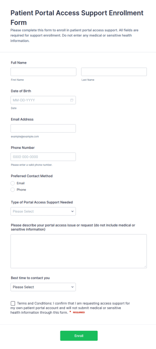 Patient Portal Access Support Enrollment Form Template