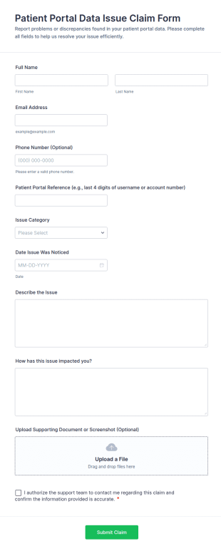 Patient Portal Data Issue Claim Form Template