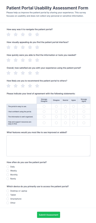 Patient Portal Usability Assessment Survey Form Template
