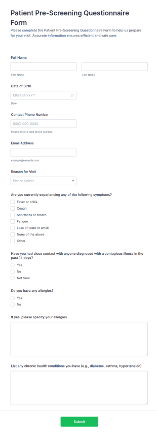 Patient Pre Screening Questionnaire Form Template