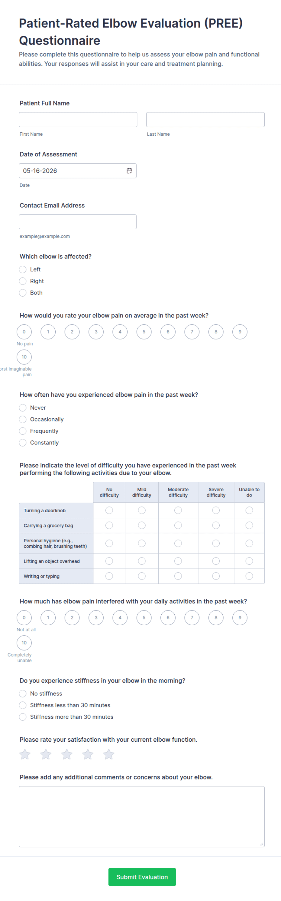 Patient-Rated Elbow Evaluation (PREE) Questionnaire Form Template | Jotform