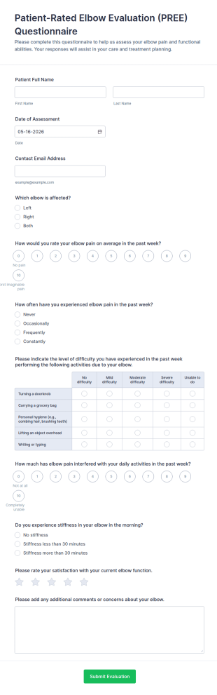 Patient Rated Elbow Evaluation (PREE) Questionnaire Form Template