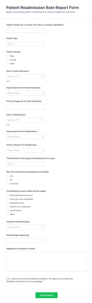Patient Readmission Rate Report Form Template