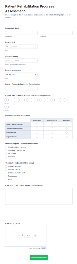 Patient Rehabilitation Progress Assessment Form Template
