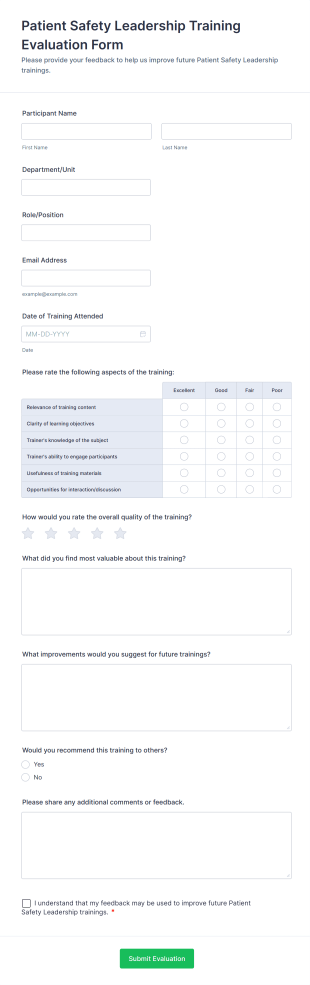 Patient Safety Leadership Training Evaluation Form Template