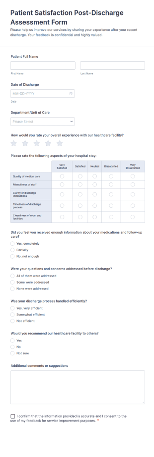 Patient Satisfaction Post Discharge Assessment Form Template