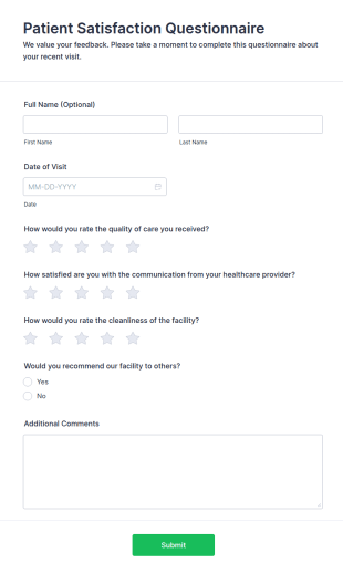 Patient Satisfaction Questionnaire Form Template