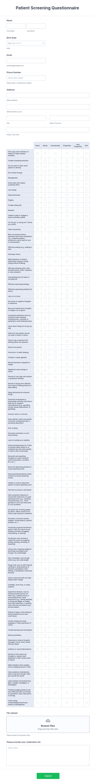 Patient Screening Questionnaire Form Template