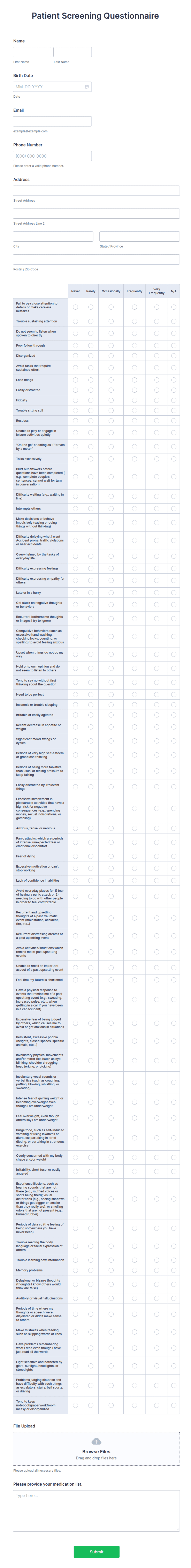 Scanning Questionaire Patient Screening Questionnaire Form Template | Jotform