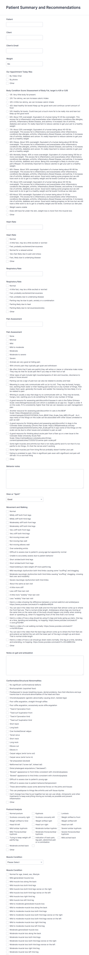 Veterinary Patient Summary And Recommendation Form Template