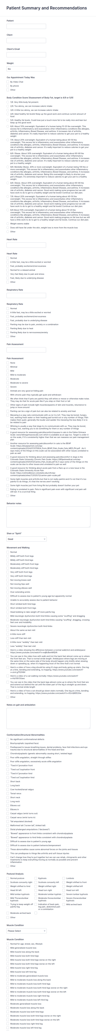 Veterinary Patient Summary And Recommendation Form Template