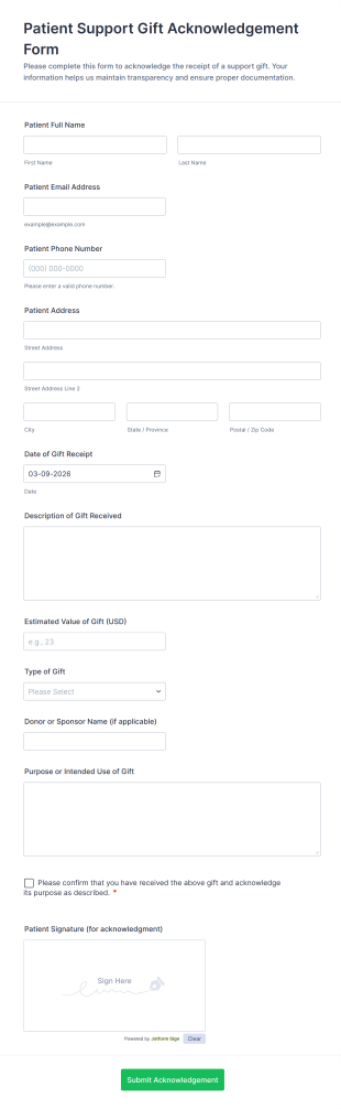 Patient Support Gift Acknowledgement Form Template
