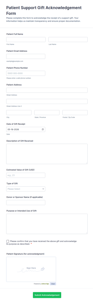 Patient Support Gift Acknowledgement Form Template