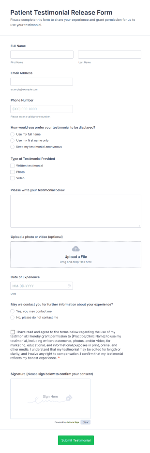 Patient Testimonial Release Form Template
