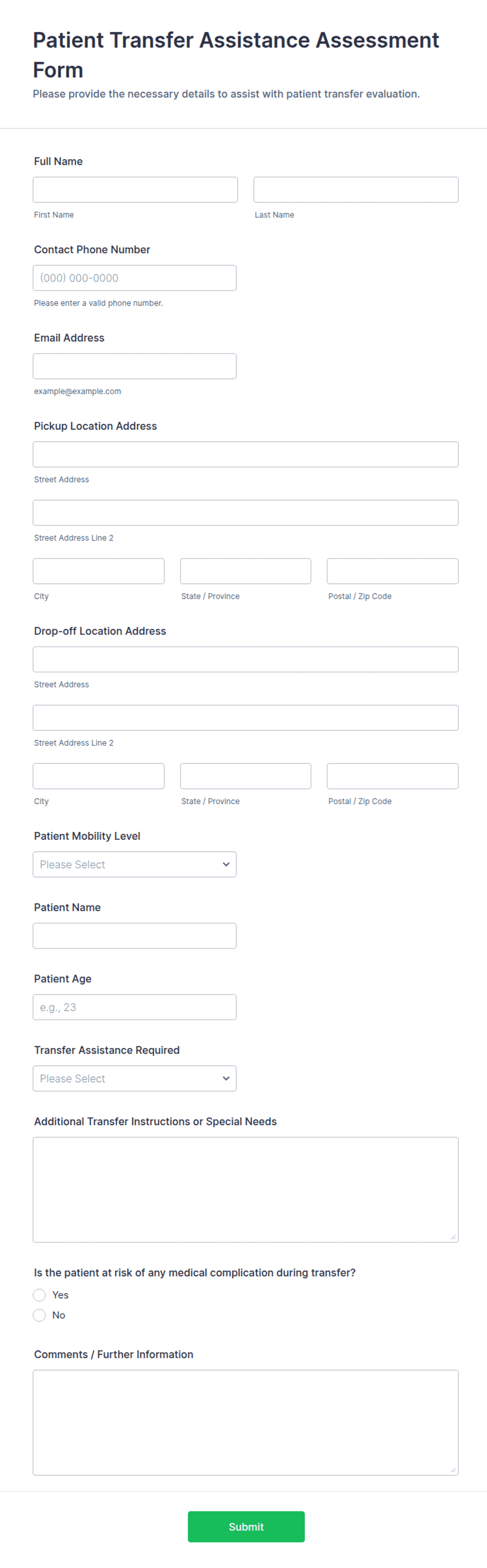 Patient Transfer Assistance Assessment Form Template | Jotform