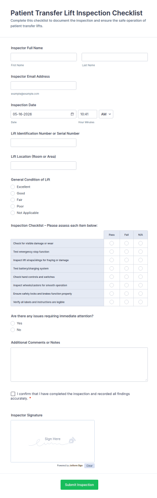 Patient Transfer Lift Inspection Checklist Form Template