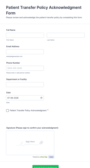 Patient Transfer Policy Acknowledgment Form Template